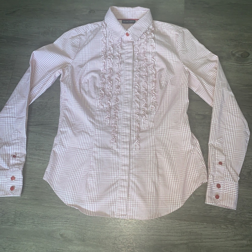 New York & Company Womens Red Gingham Ruffle Button Up Shirt Small